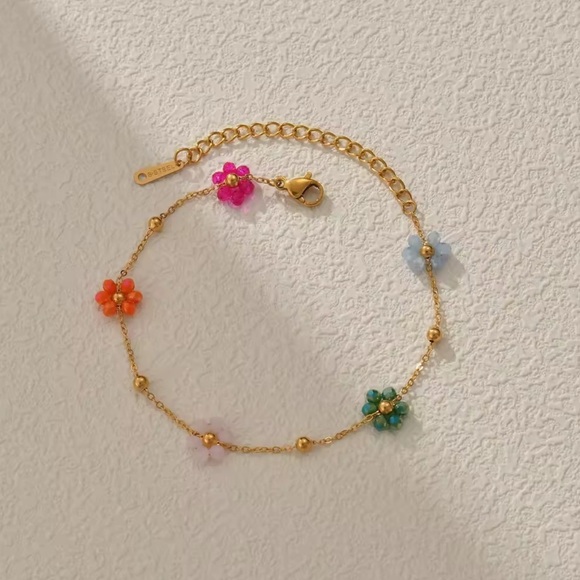 18K Gold Bohemian Beaded Flower Chain Bracelet Colorful Minimalist No Fade - Picture 4 of 9